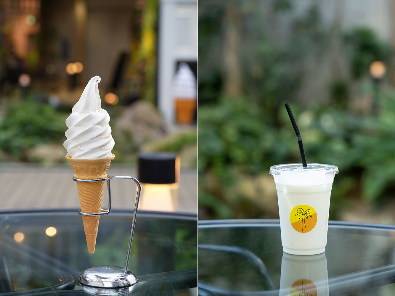 Awaji Island milk soft-serve ice cream shown on the left in the photo, as well as the Awaji Island milk lemon lassi and Setouchi lemon squash on the right.