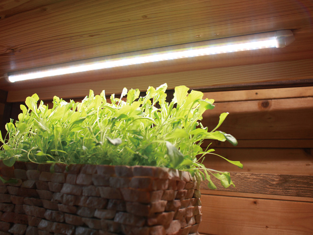 長さ55cmのLEDプラントマグネット棚バー。植物工場や研究施設で使用されてきた植物育成用LEDの性能を再現。家庭でも使用しやすい白色LEDで植物をより鮮やかに演出する。