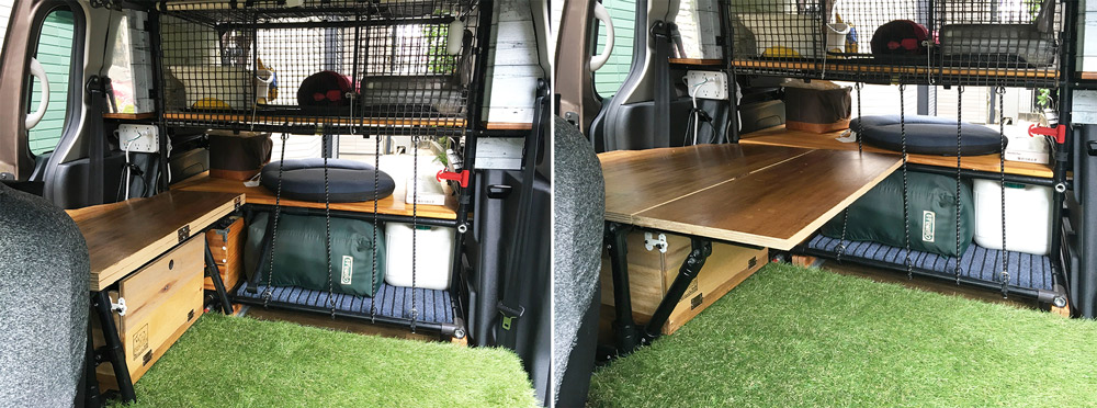 折り畳みテーブルの下にはキッチン道具収納ボックスを格納。後部座席には芝畳マットを敷いてくつろぎ空間に。