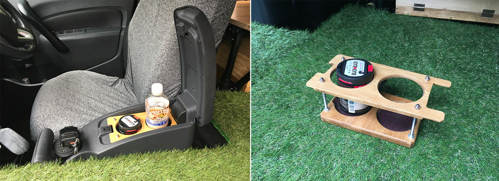 センターコンソールにセットしたDIYドリンクホルダーは取り出しても使用可能。使用時以外は蓋もできる。
