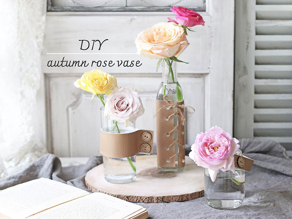 【100均DIY】ガラス瓶をフェイクレザーで簡単おしゃれな高見え花器にリメイク！ 秋バラを飾ろう　プチプラ花コーデVol.167