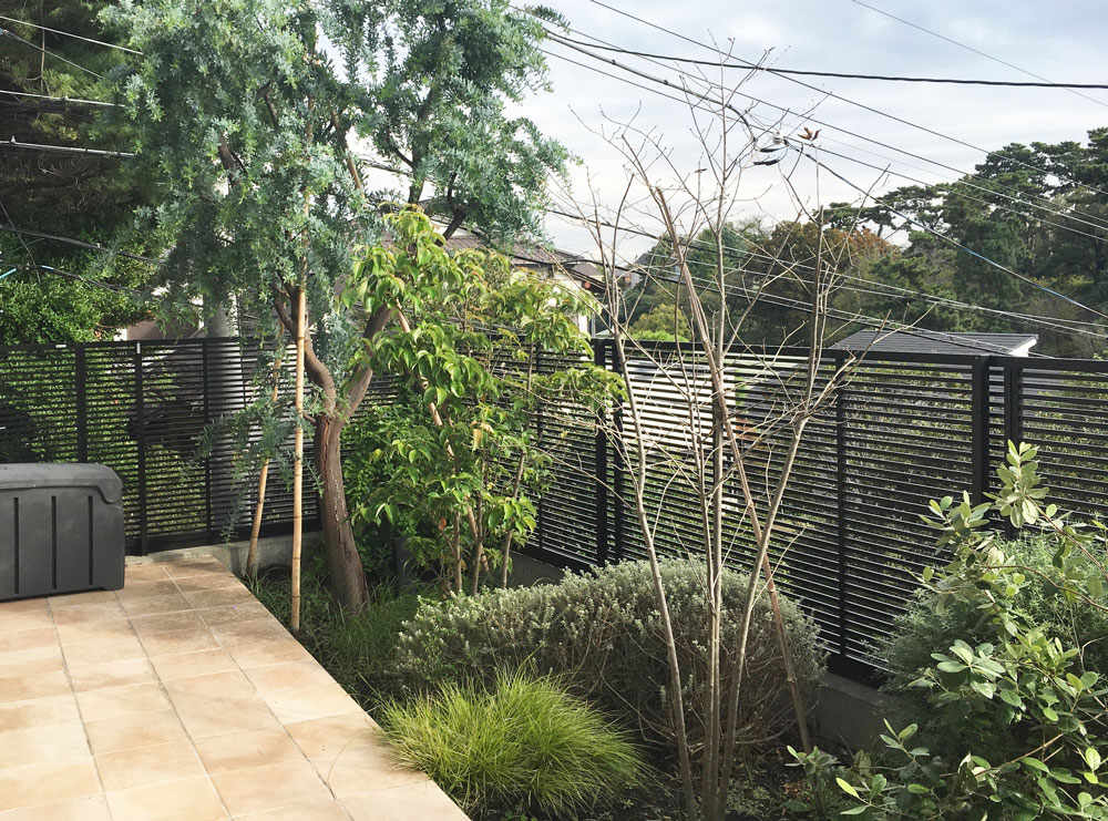 低木の配植はテラスを歩きながら眺めが良い雰囲気。