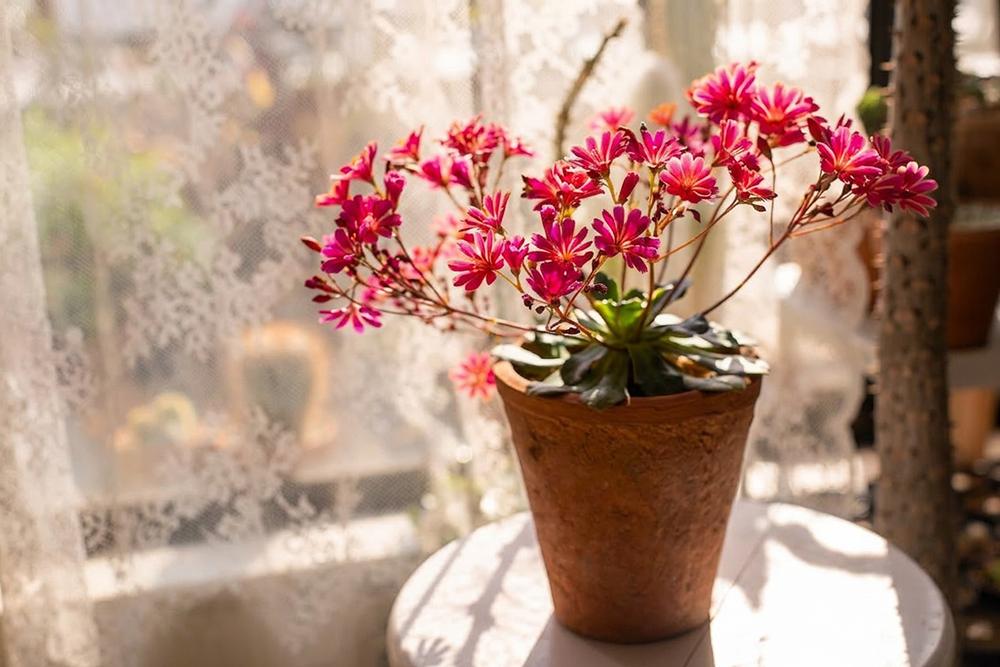 レースのカーテン越しに光を浴びるレウィシア