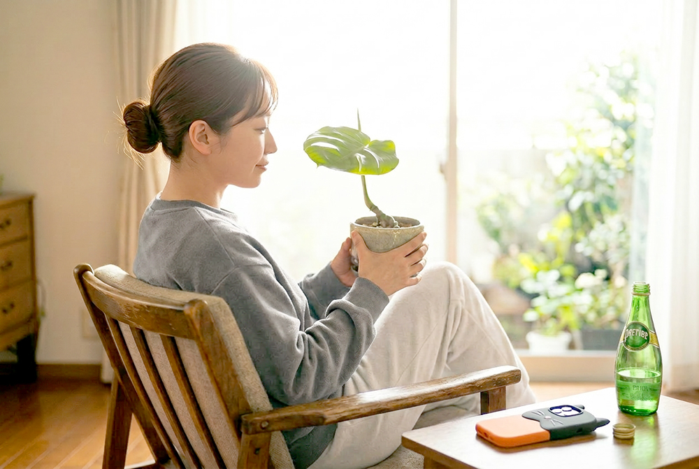 小さいモンステラと部屋着の奥方