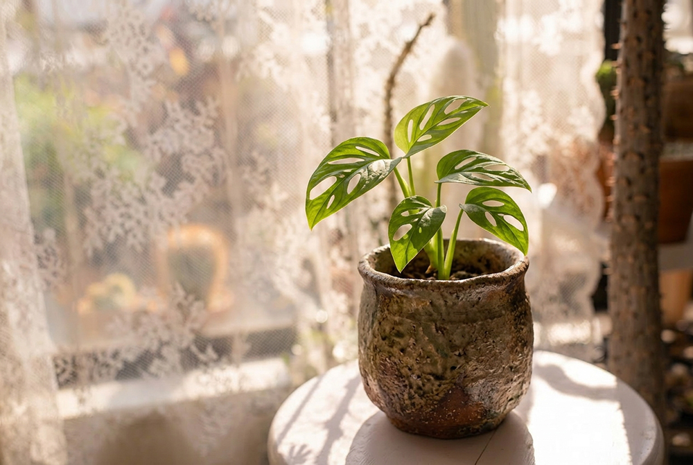 レースのカーテンごしのモンステラ